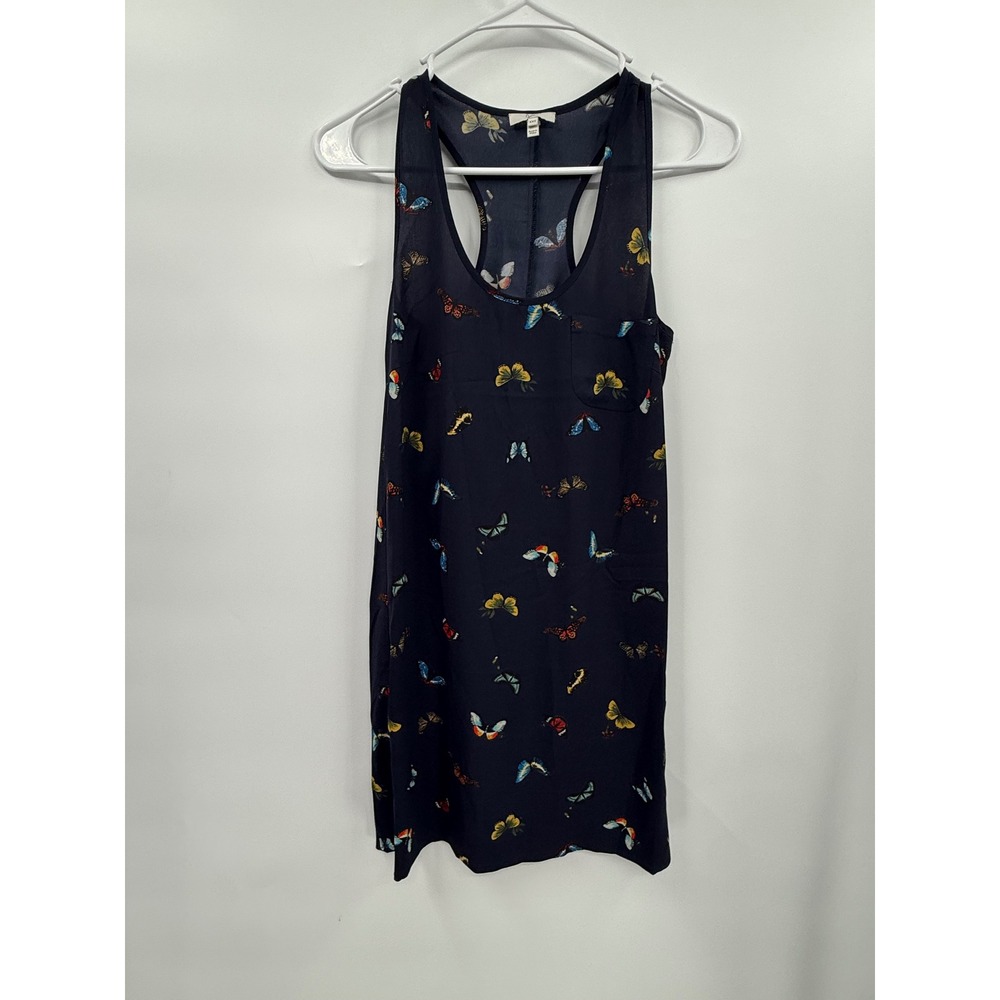 Joie XXS Butterfly Print Racerback Shift Dress Navy Blue Sleeveless Pocket